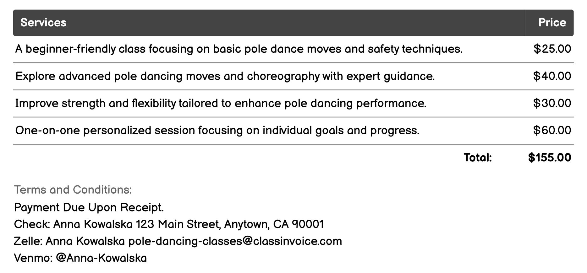 Pole Fitness Classes Invoice Example