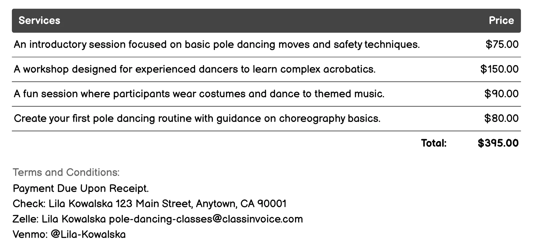 Themed Pole Dancing Workshops Invoice Example