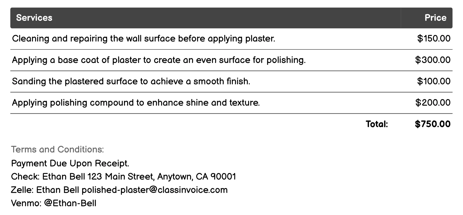 Feature Walls Invoice Example