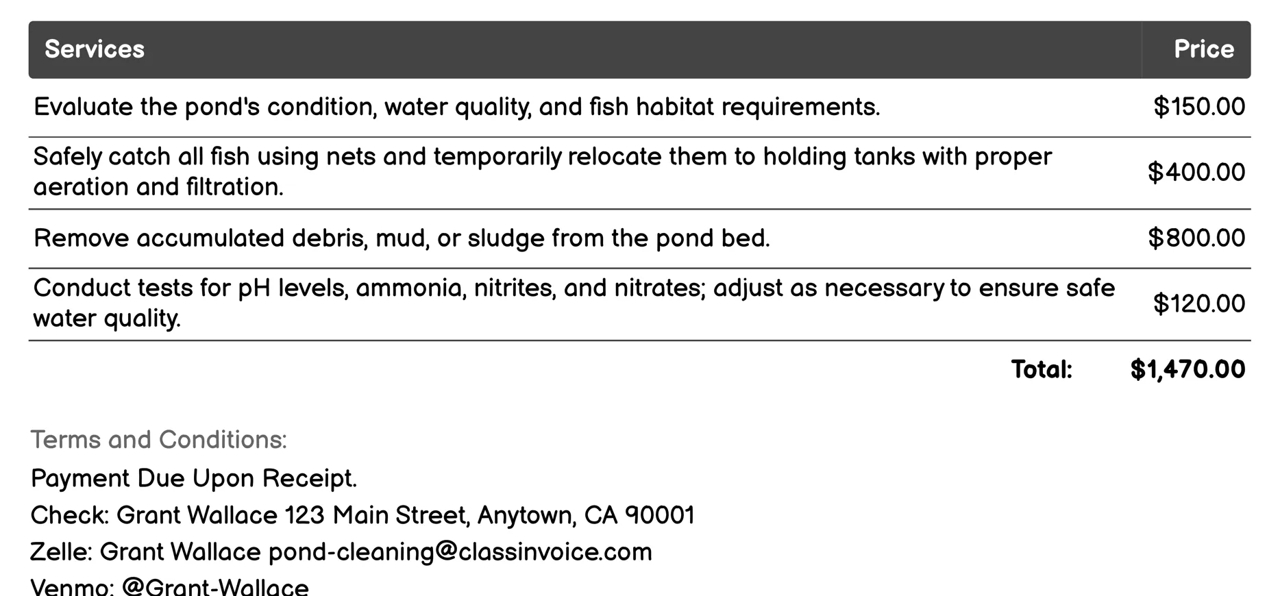 Fish Relocation and Care Invoice Example