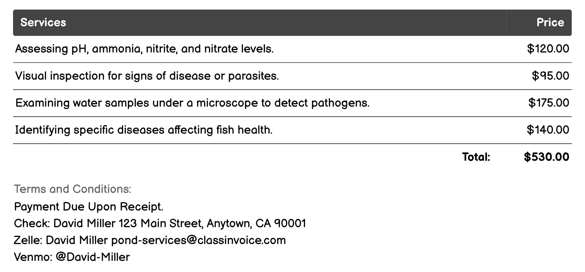 Fish Health Assessment Invoice Example
