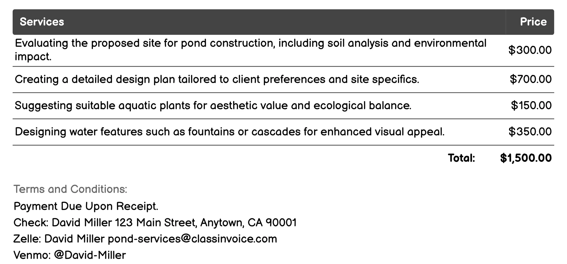 Pond Design Consultation Invoice Example