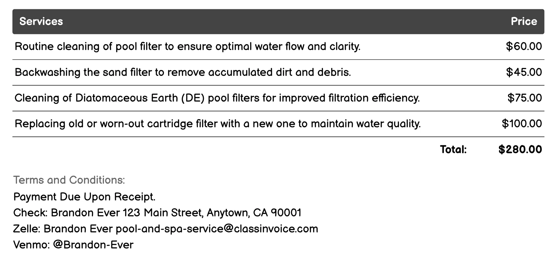 Filter Cleaning or Replacement Invoice Example