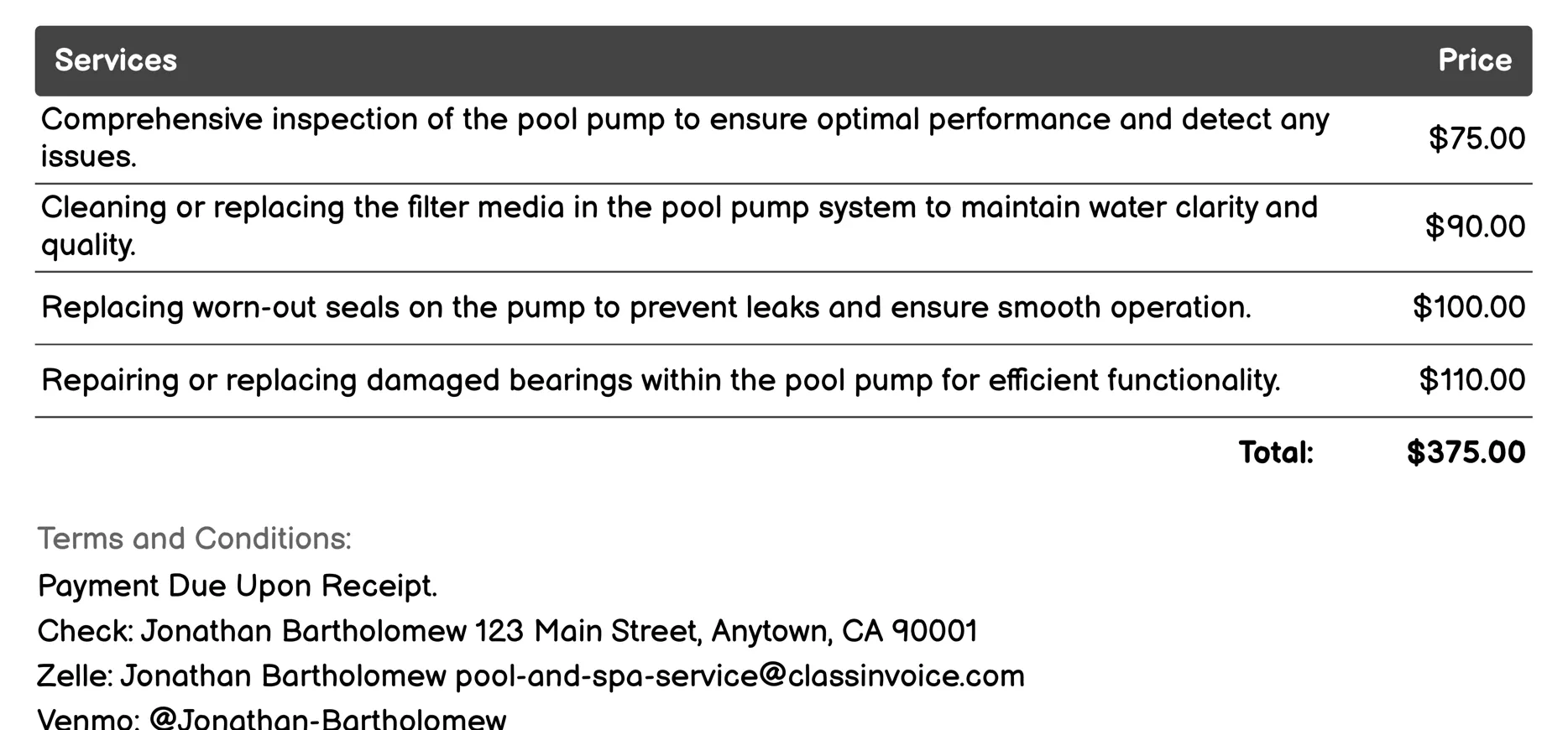Pump Servicing Invoice Example