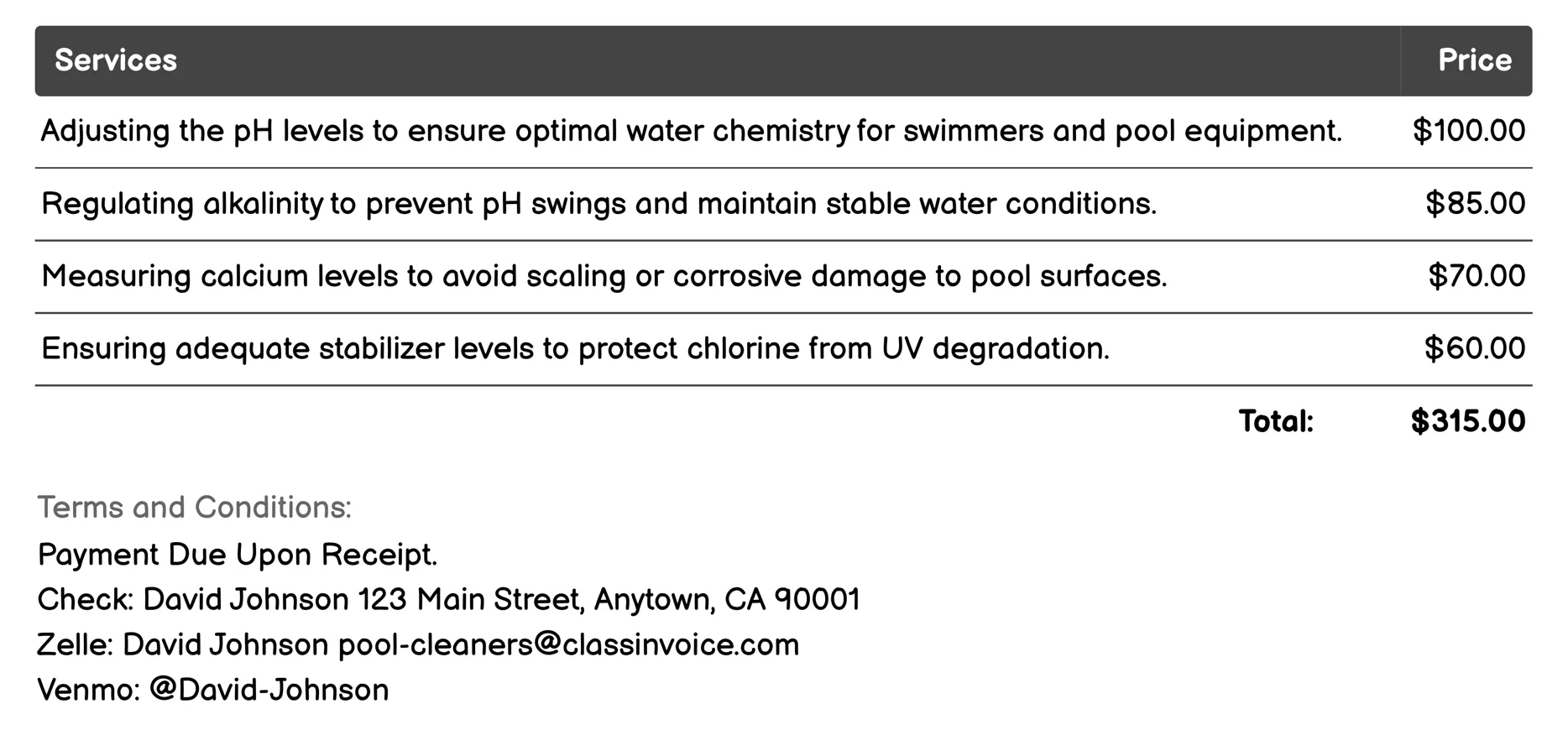 Chemical Balancing Invoice Example