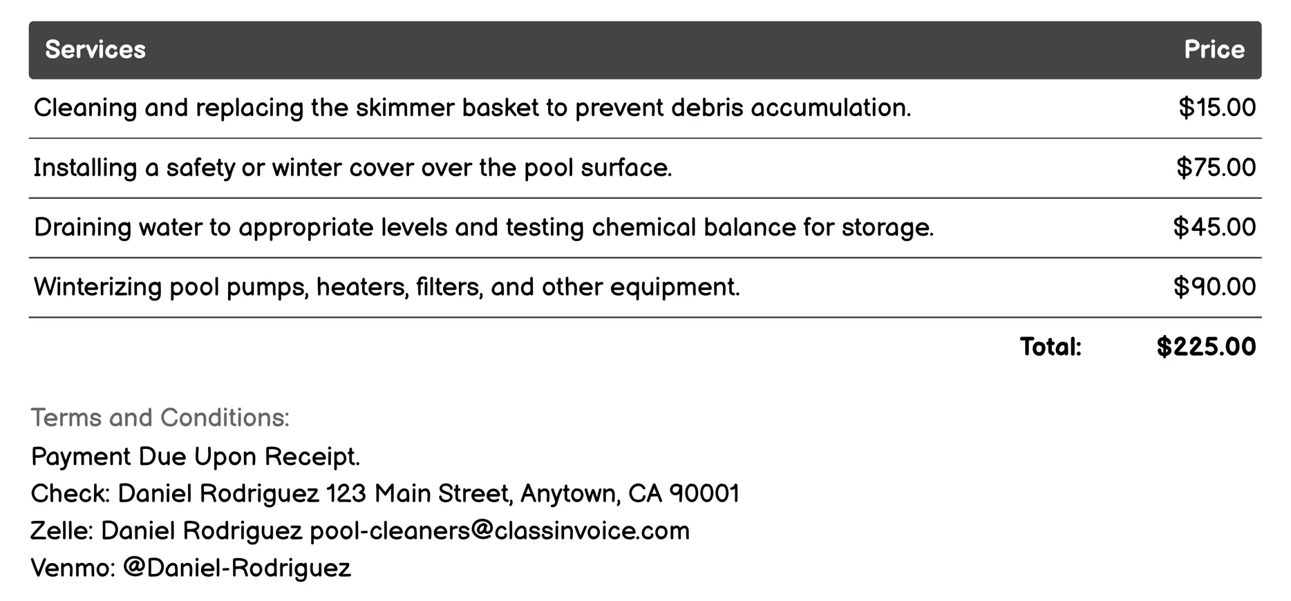 Winterization Services Invoice Example