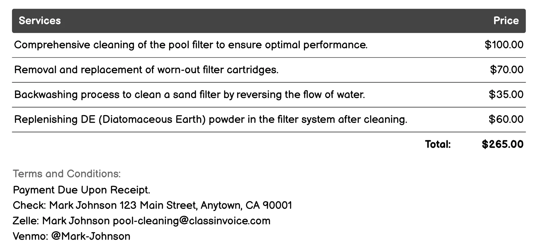 Filter Maintenance Invoice Example