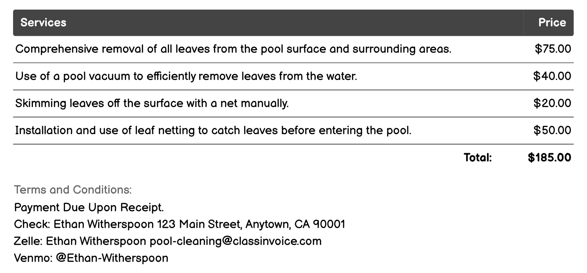 Leaf Removal Invoice Example