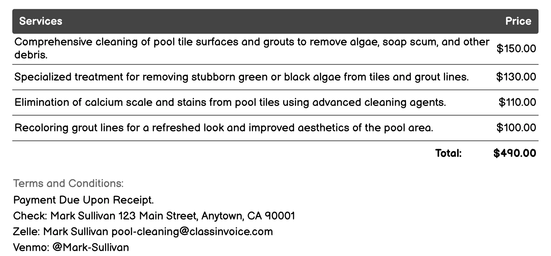 Tile and Grout Cleaning Invoice Example