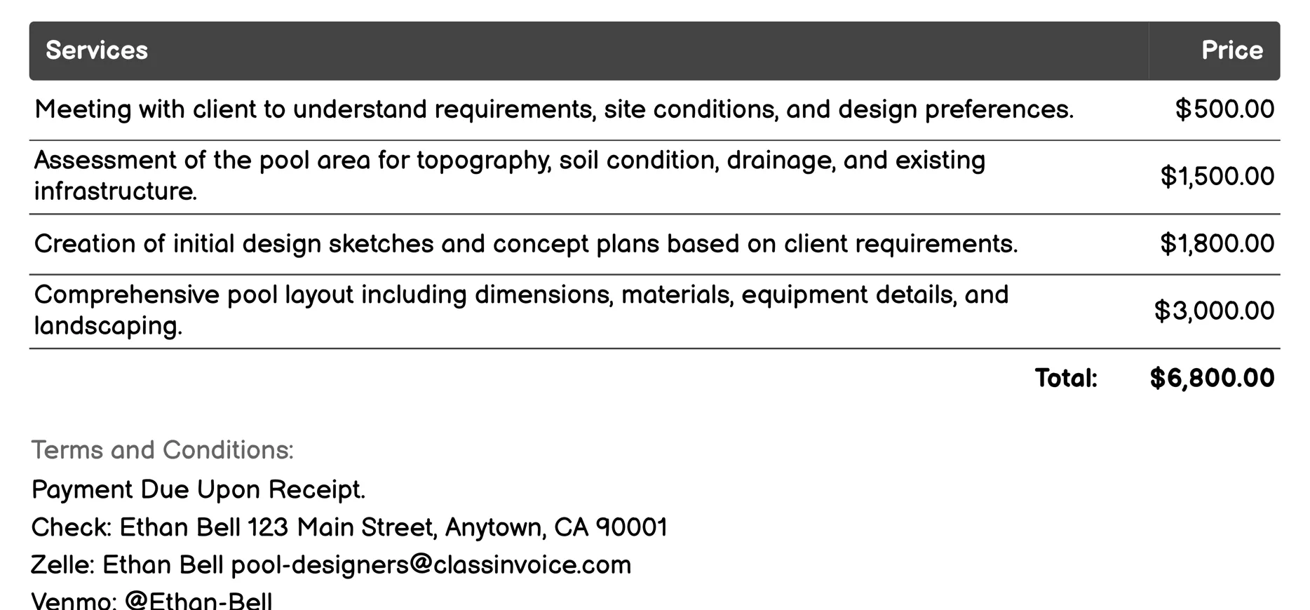 Commercial Pool Design Invoice Example