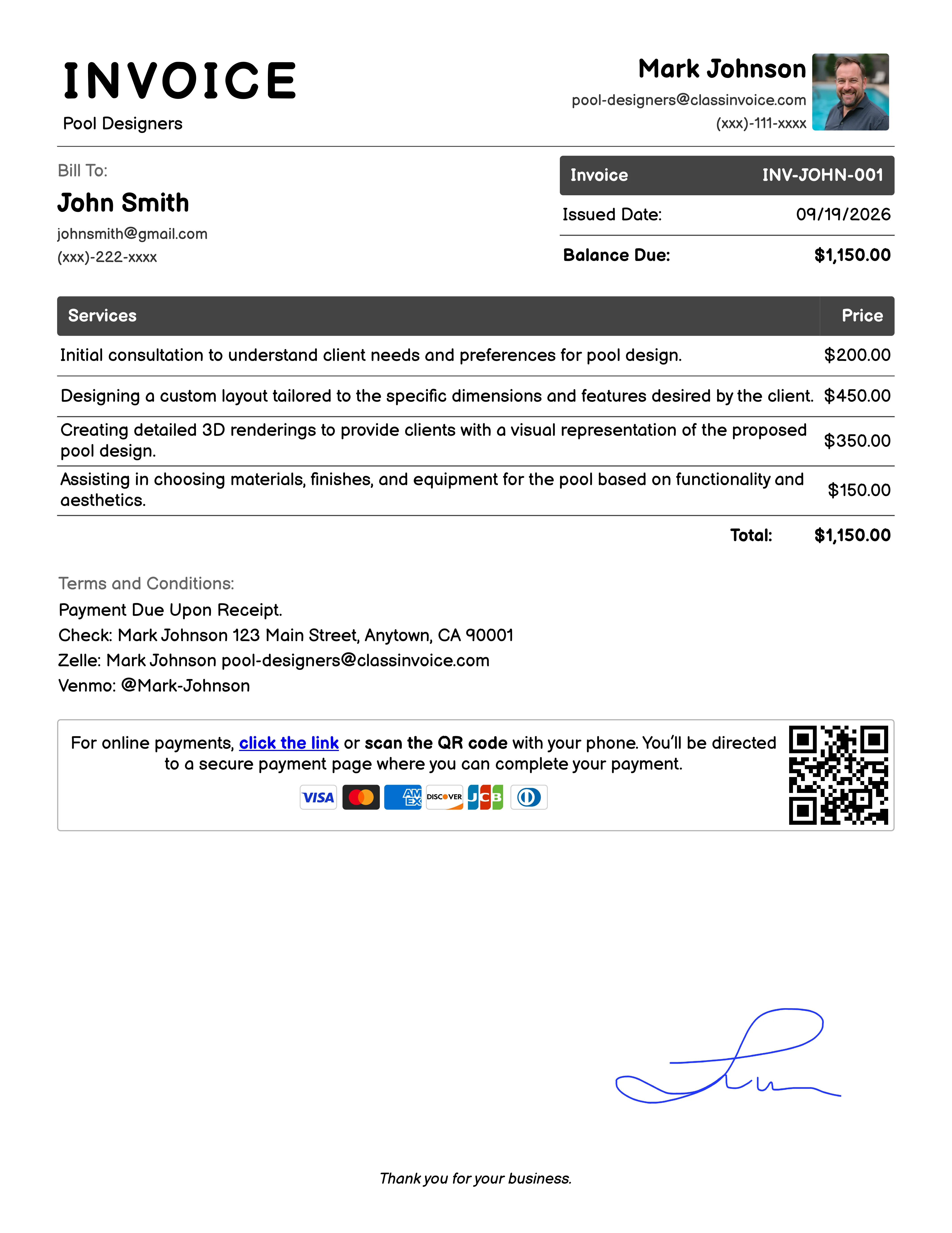 Pool Designers Invoice Example