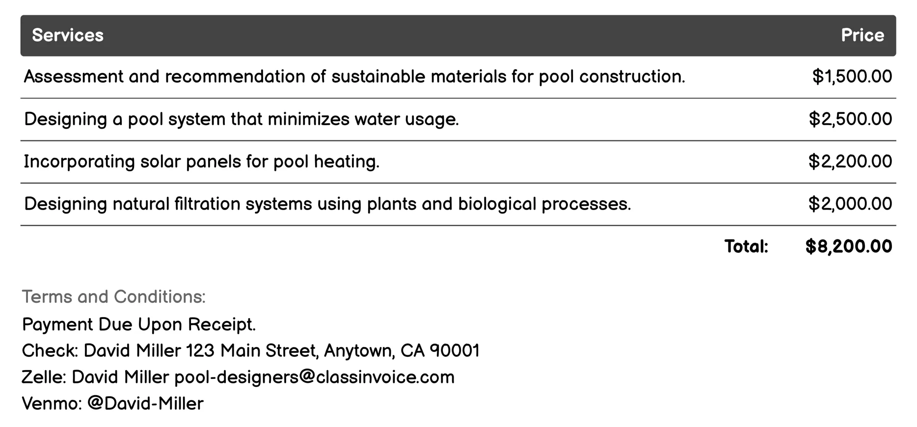 Sustainable Pool Design Invoice Example