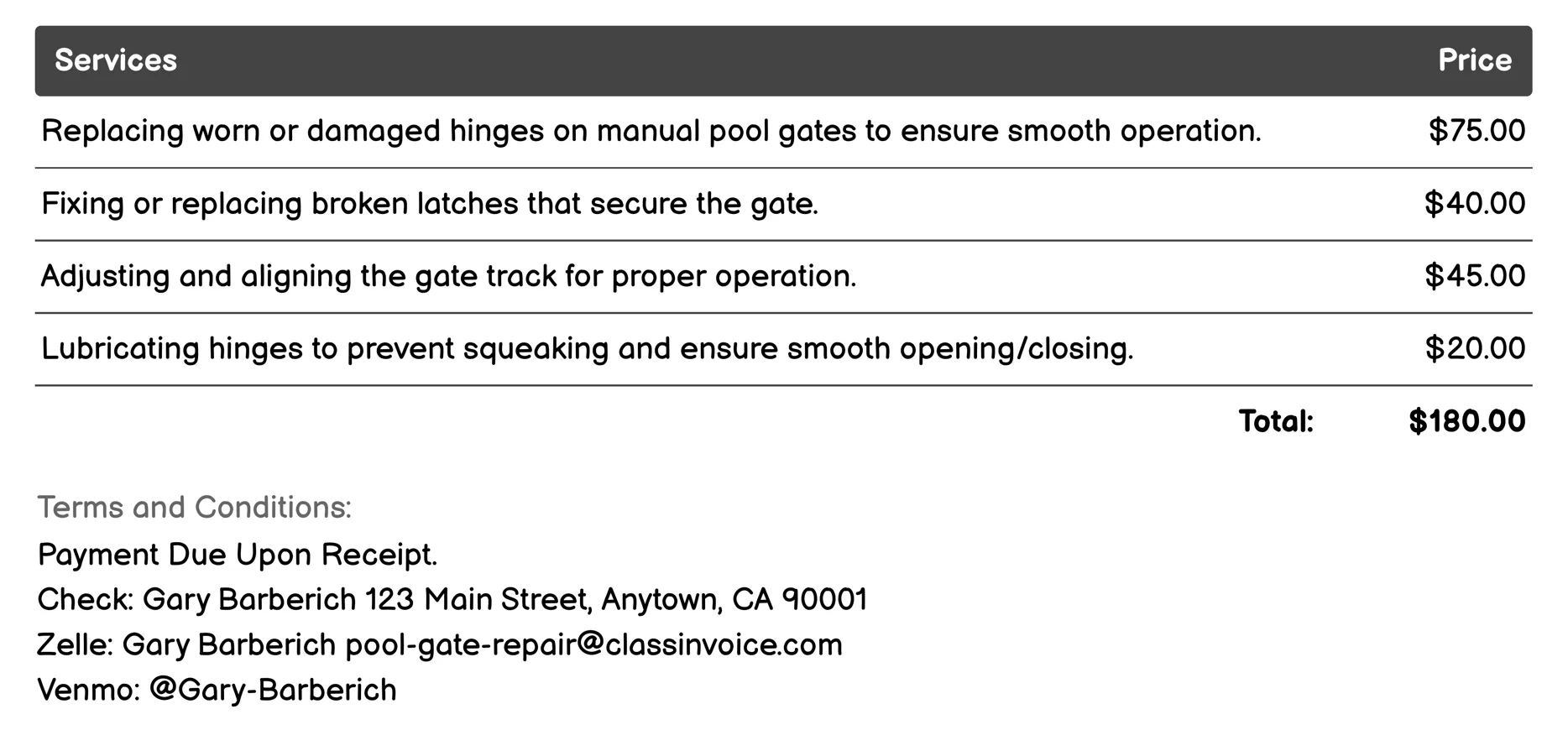 Manual Pool Gate Repair Invoice Example