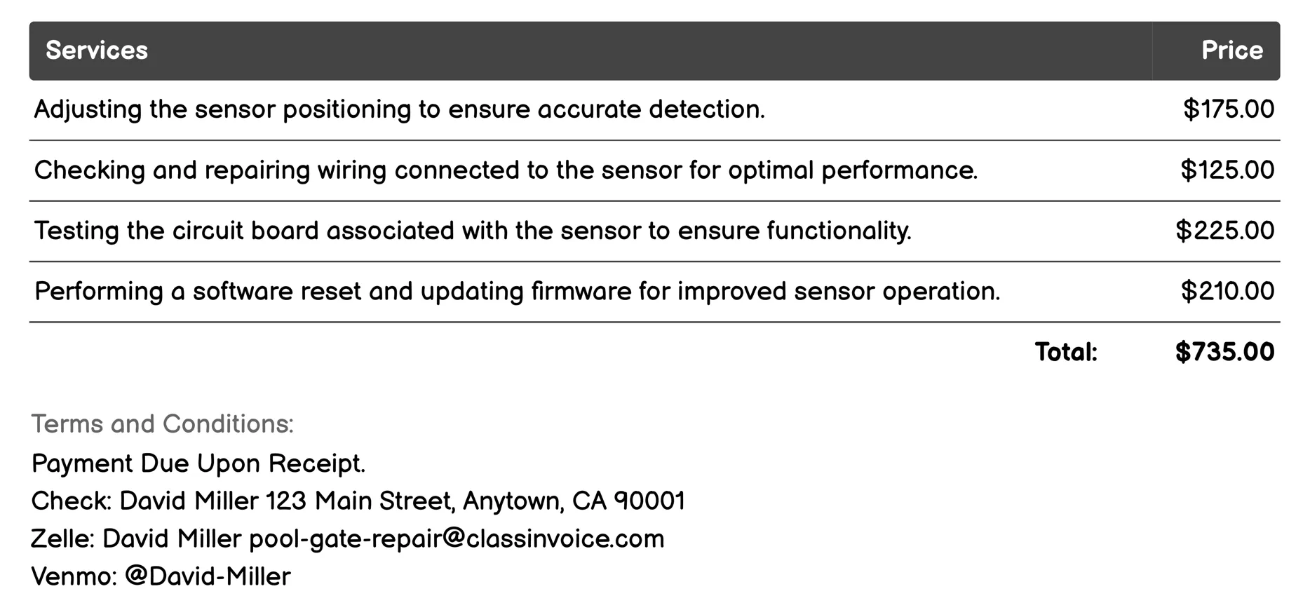 Sensor Calibration Invoice Example