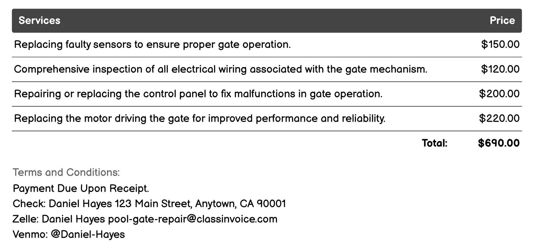 Wiring and Electrical Repair Invoice Example
