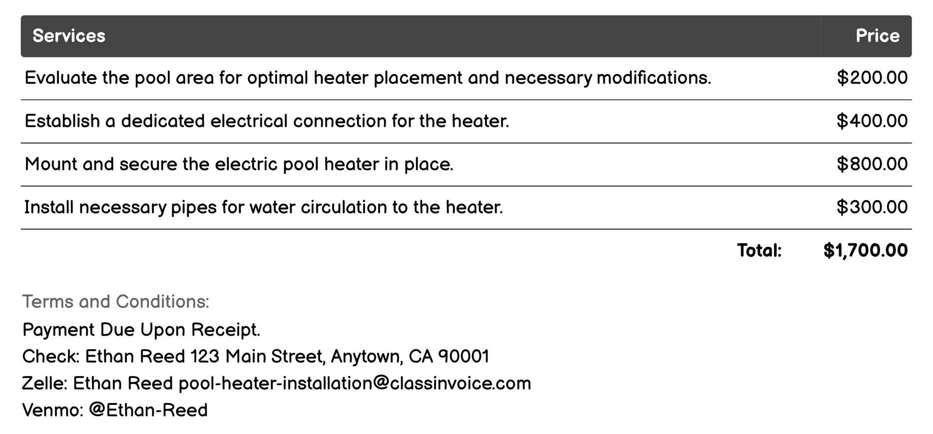Electric Pool Heater Installation Invoice Example