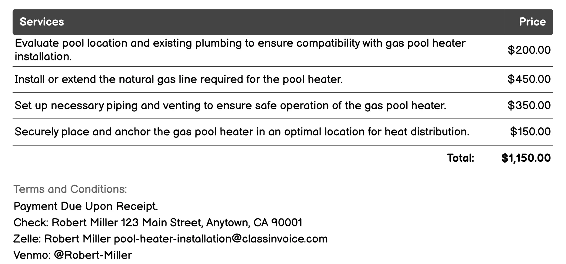 Gas Pool Heater Installation Invoice Example