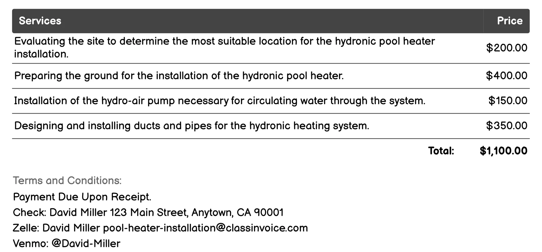 Hydronic Pool Heater Installation Invoice Example