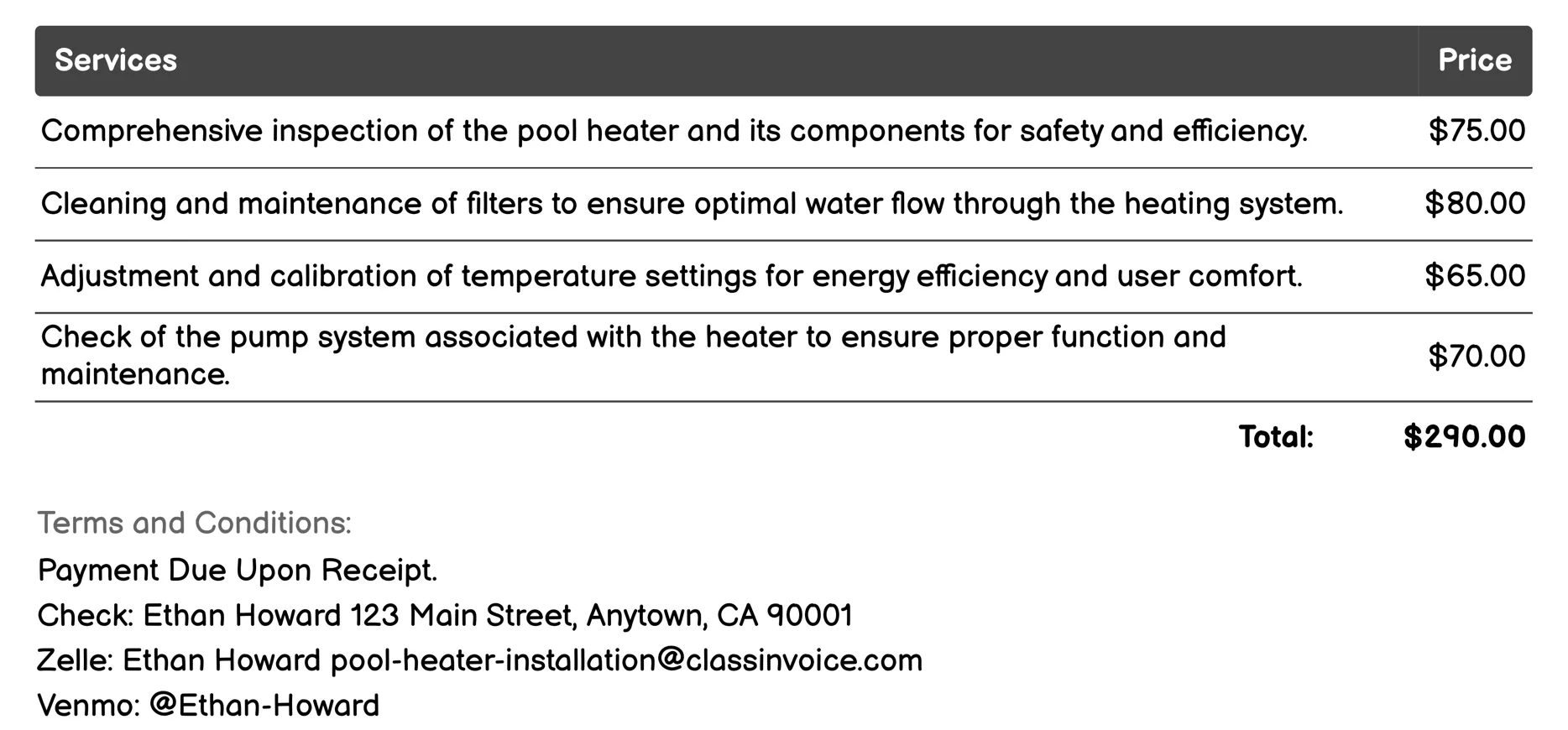 Seasonal Maintenance Checkup Invoice Example