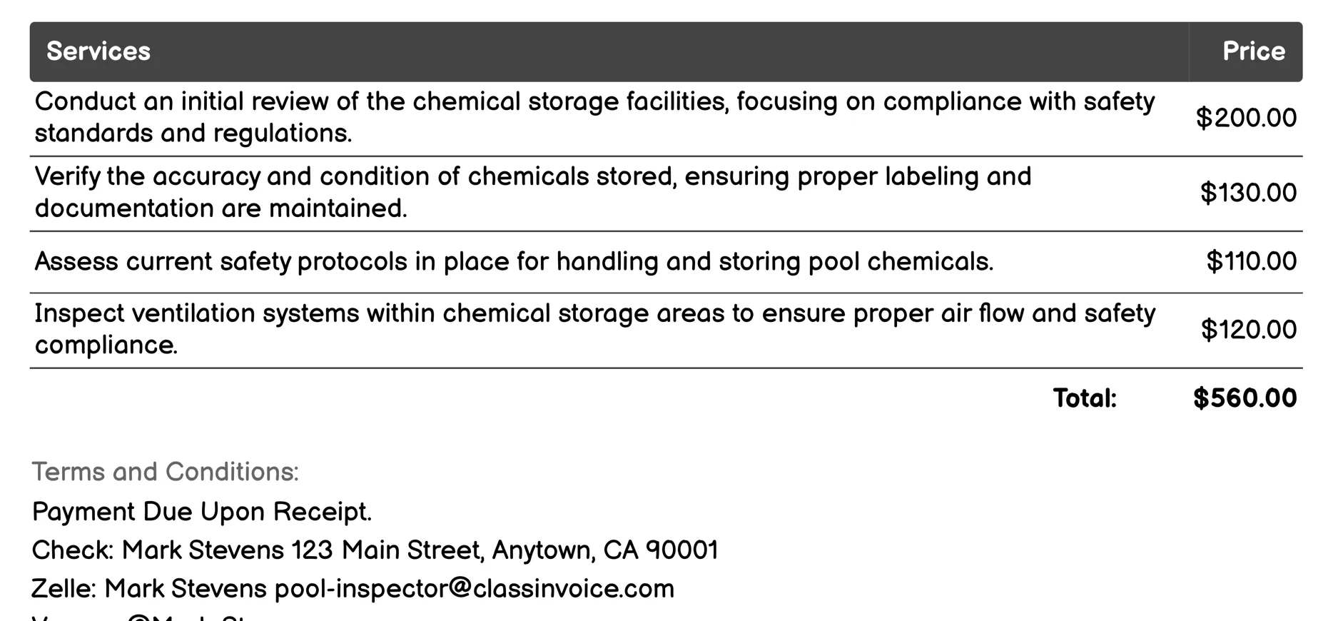 Chemical Storage Review Invoice Example