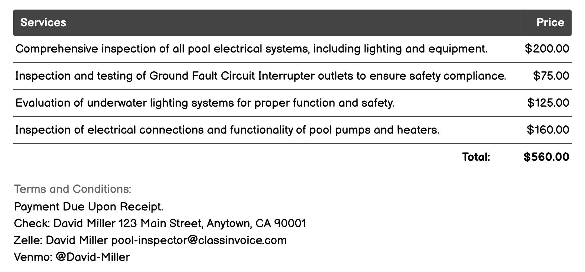 Electrical Systems Check Invoice Example