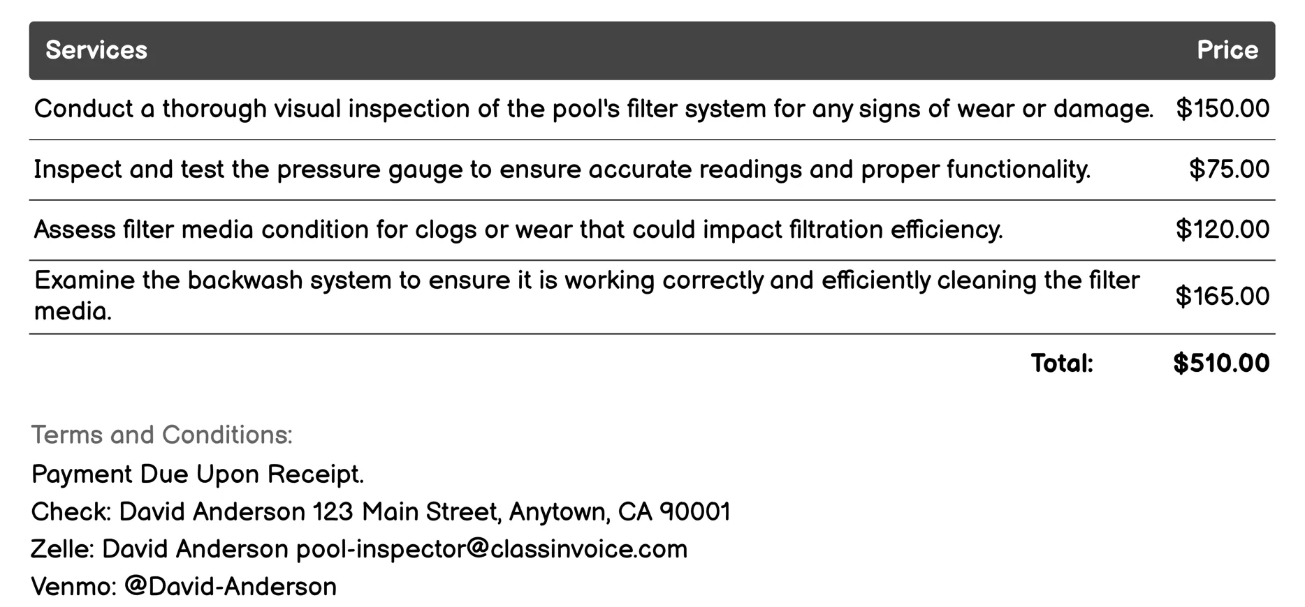 Filter System Inspection Invoice Example