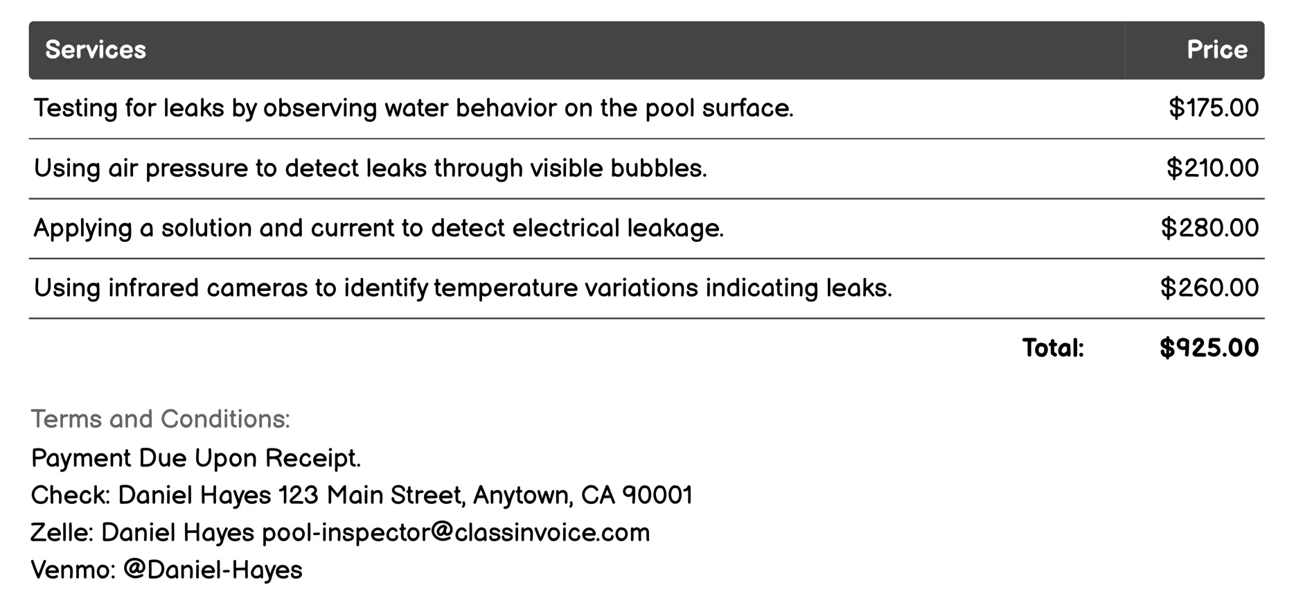 Leak Detection Invoice Example