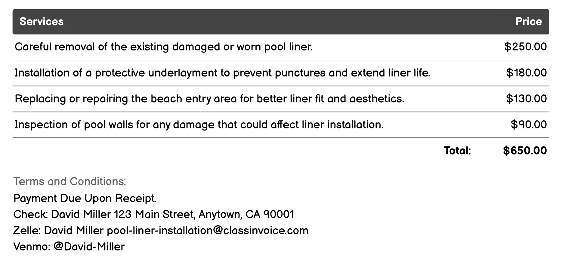 Above-Ground Pool Liner Replacement Invoice Example