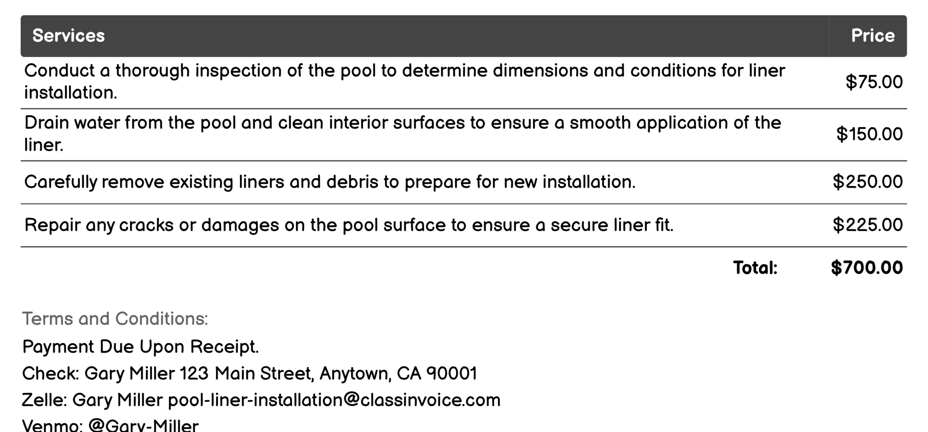 Fiber-Reinforced Pool Liner Installation Invoice Example