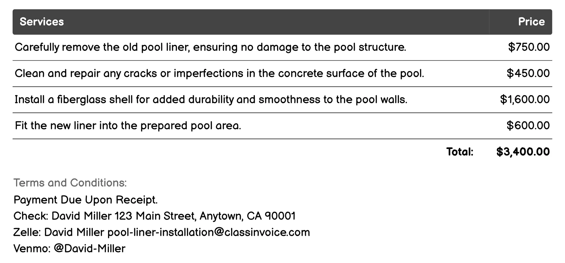Inground Concrete Pool Liner Installation Invoice Example