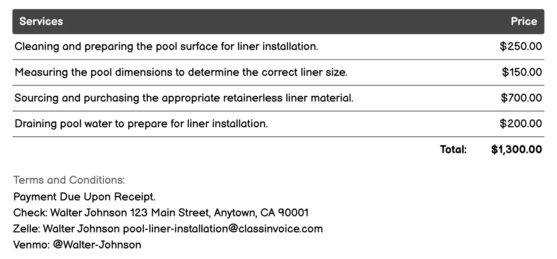 Retainerless Liner Installation Invoice Example