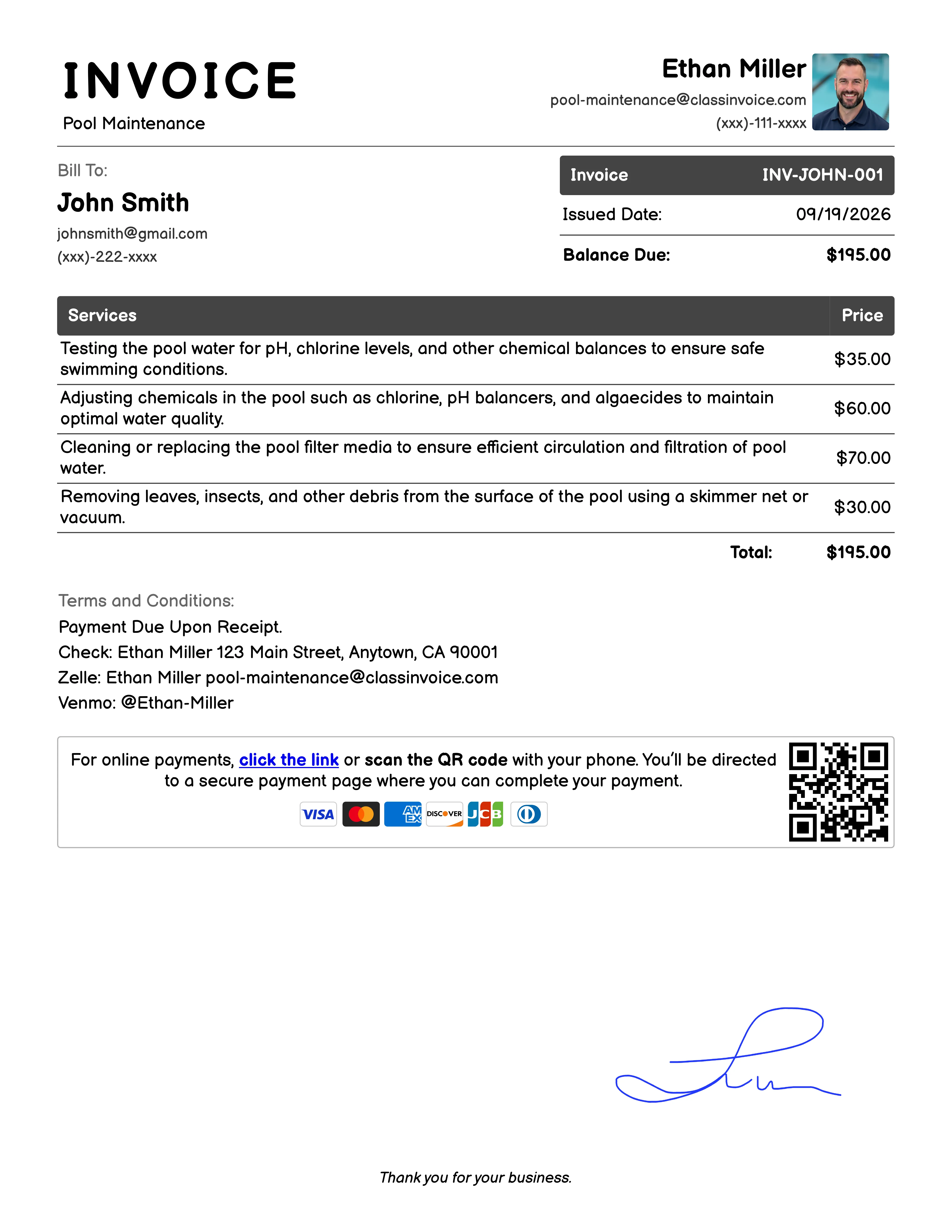 Pool Maintenance Invoice Example