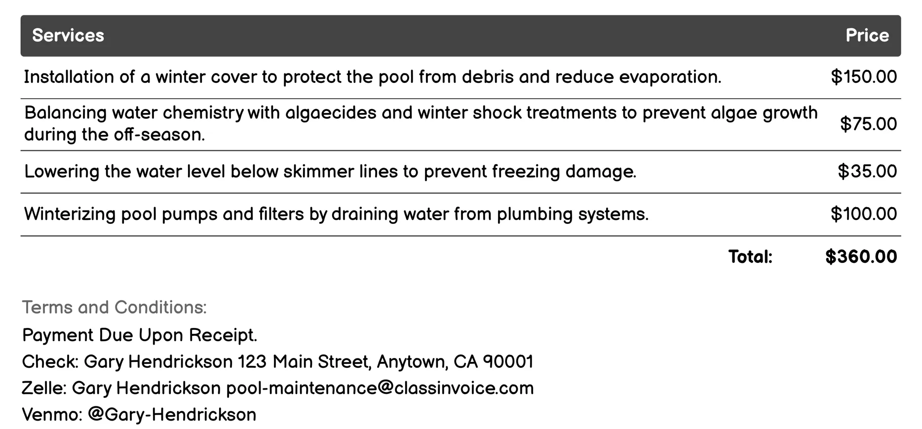 Winterization Services Invoice Example