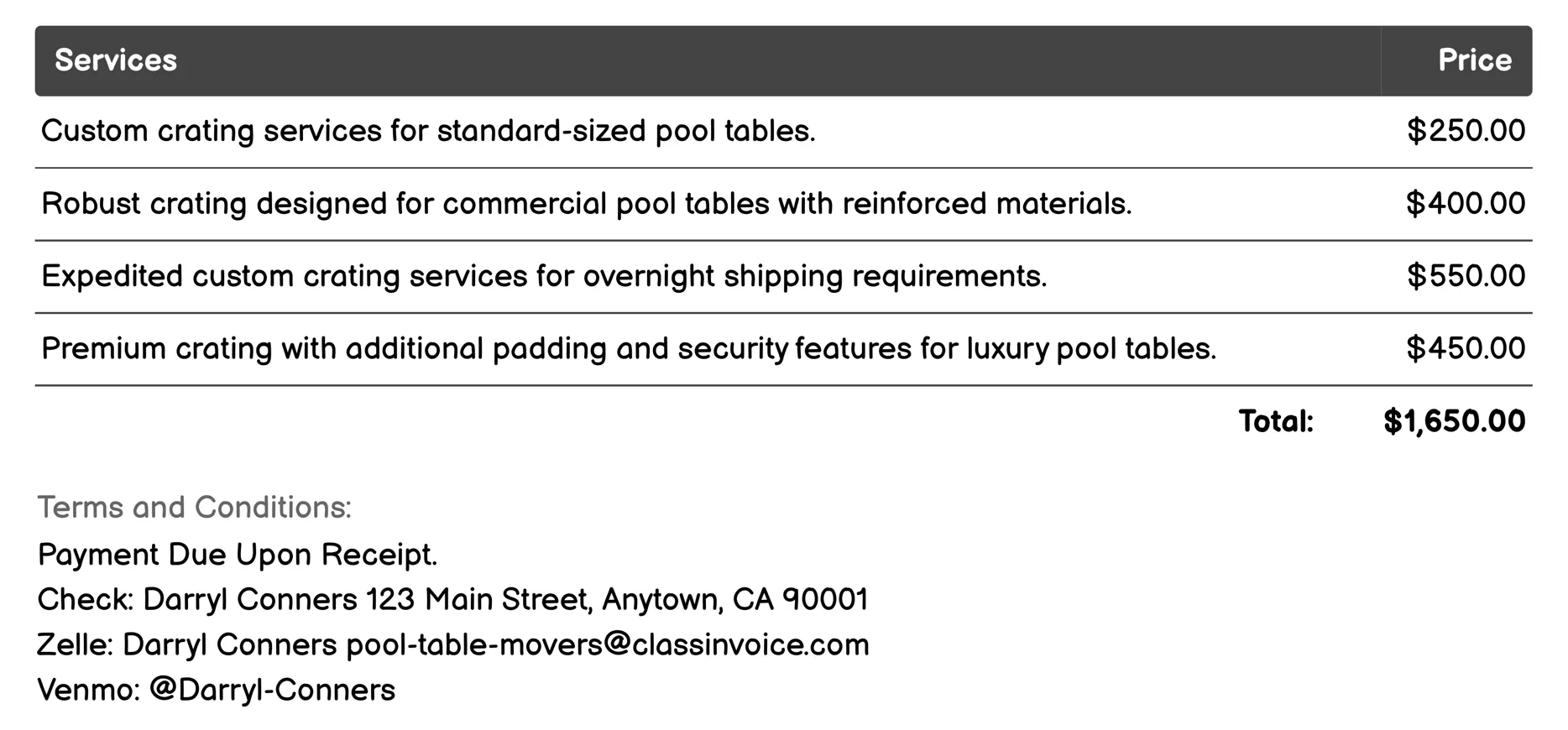Custom Crating Services Invoice Example