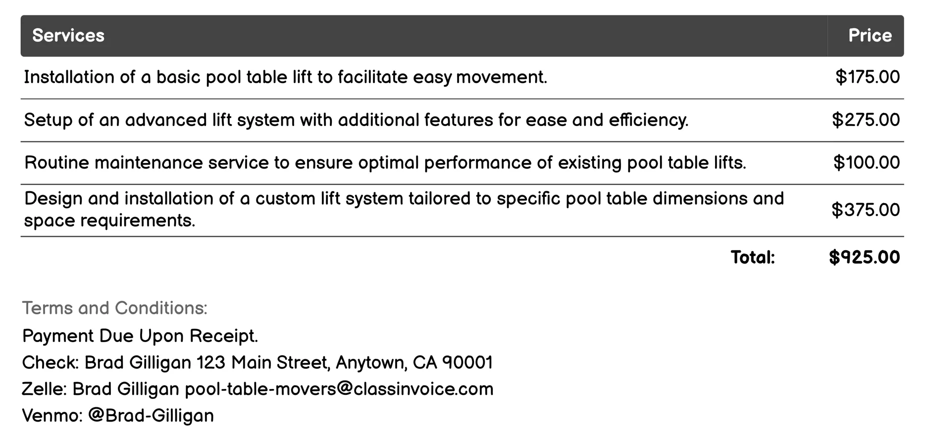 Pool Table Lift Service Invoice Example