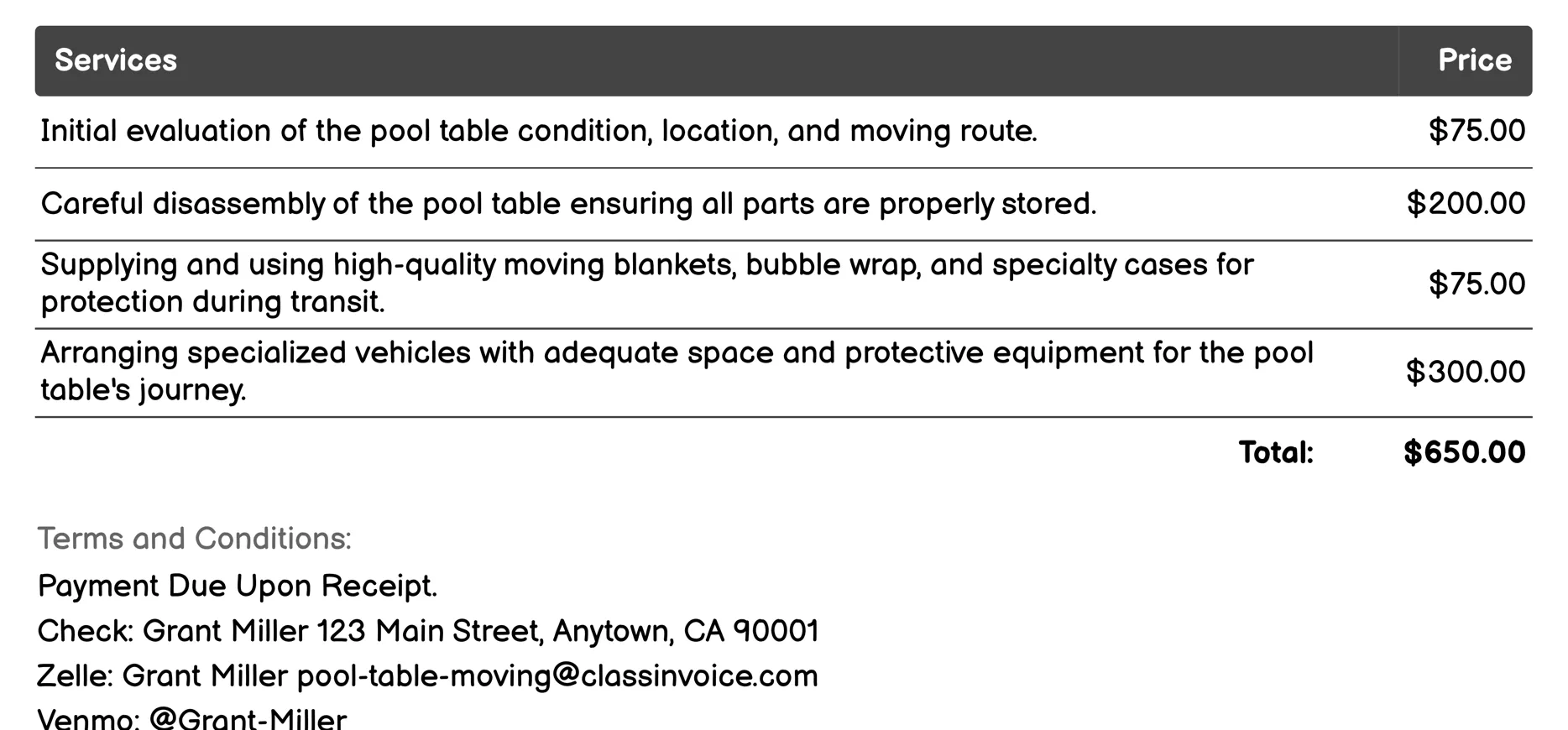 Custom Moving Plans Invoice Example