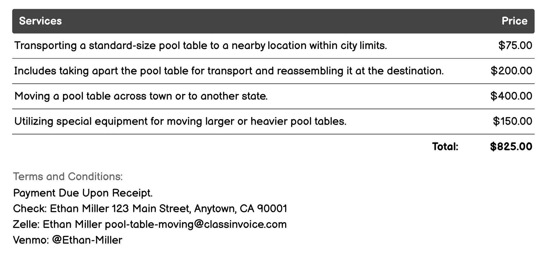 Local Pool Table Moving Invoice Example