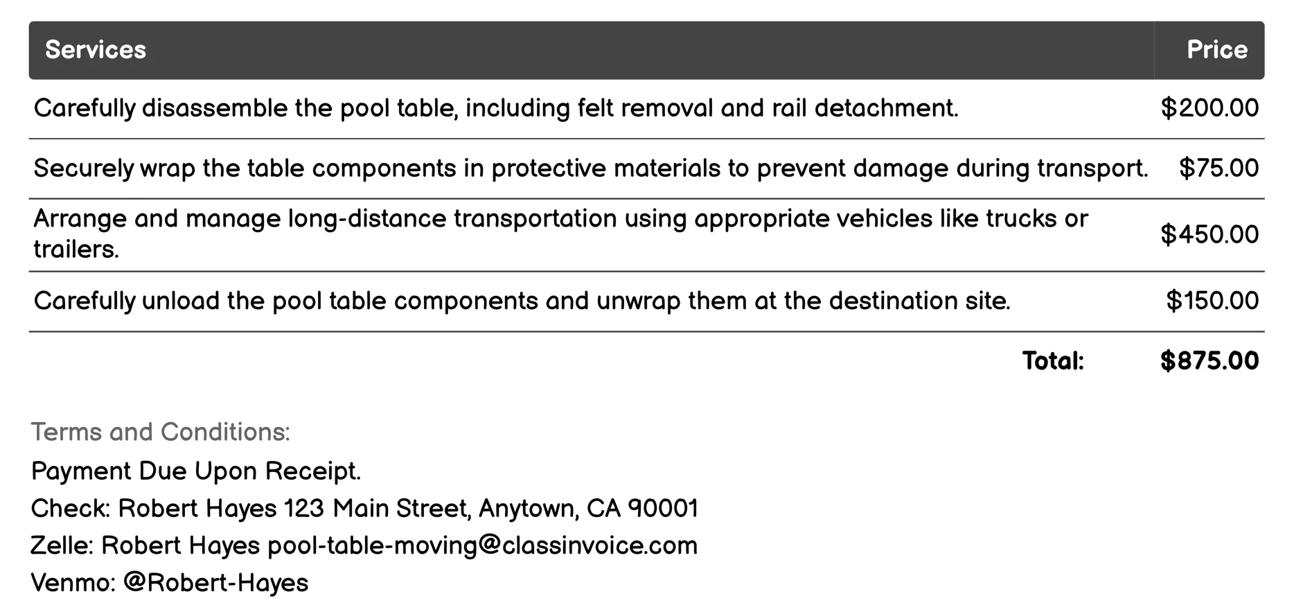 Long-Distance Pool Table Relocation Invoice Example