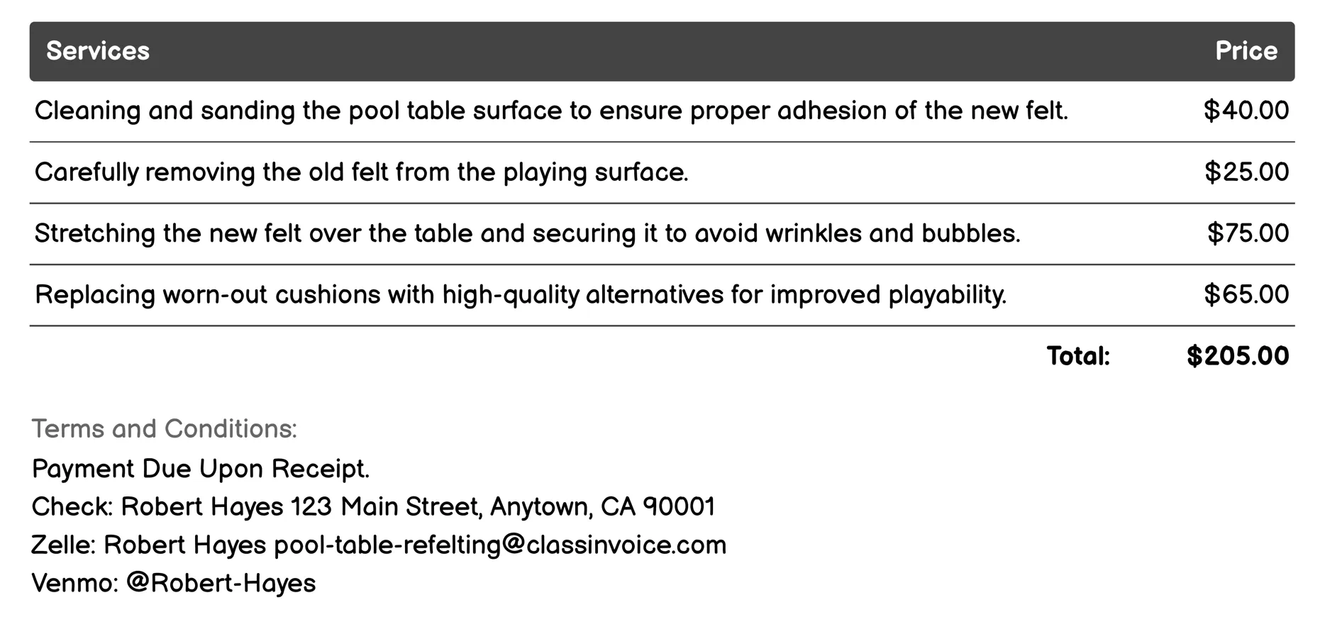 Felt Replacement Invoice Example