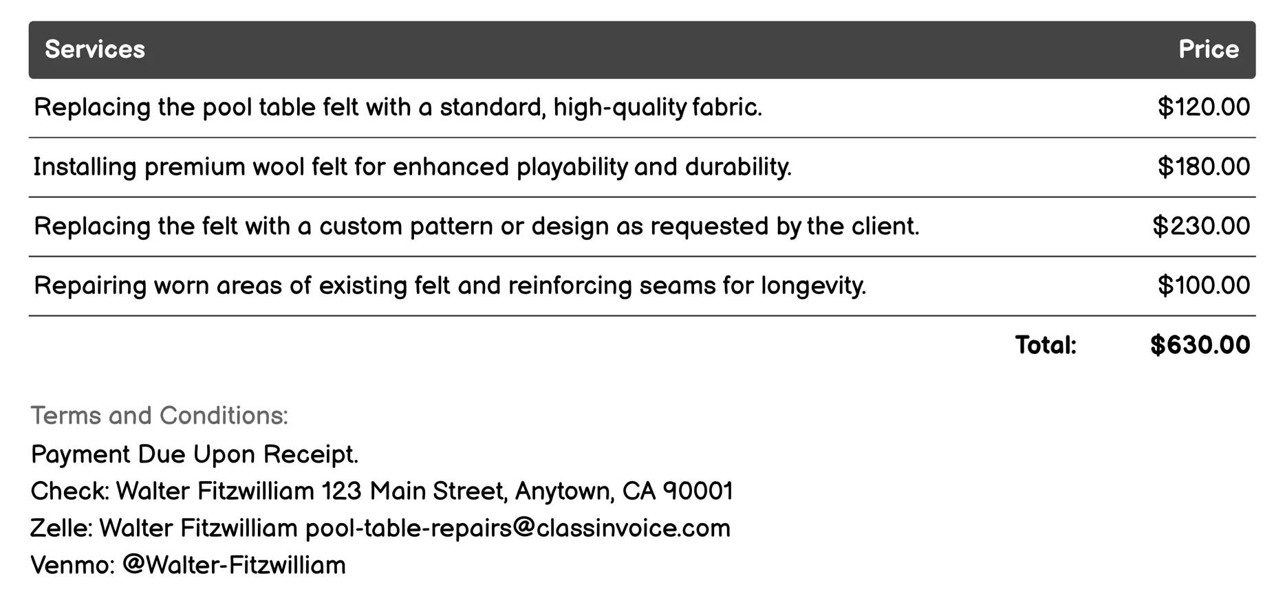 Felt Replacement Invoice Example