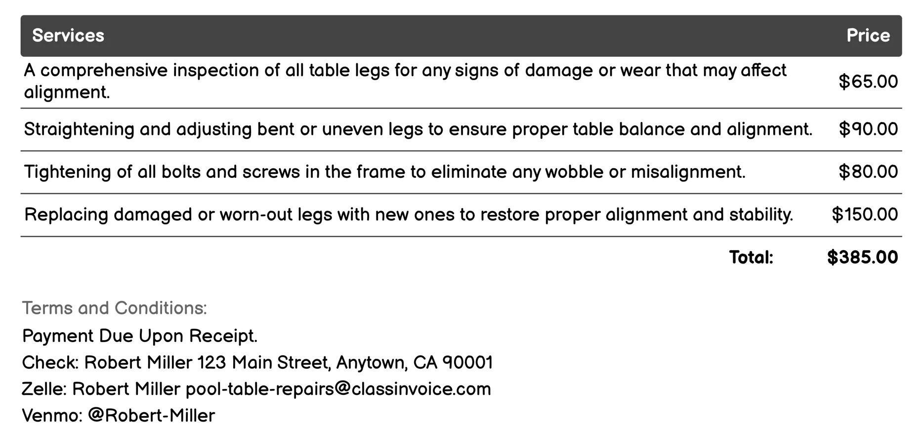 Leg and Frame Alignment Invoice Example