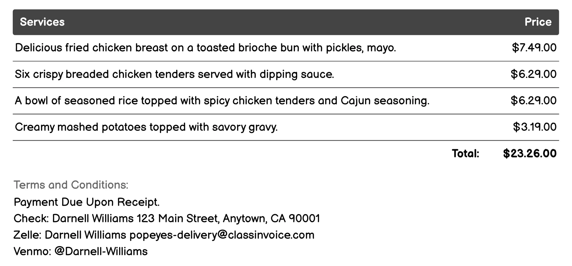Call-In Orders Invoice Example