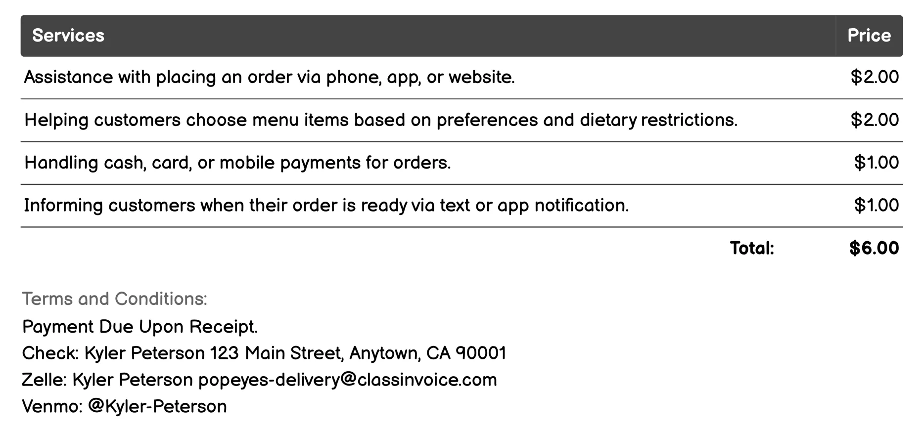 Curbside Pickup Invoice Example