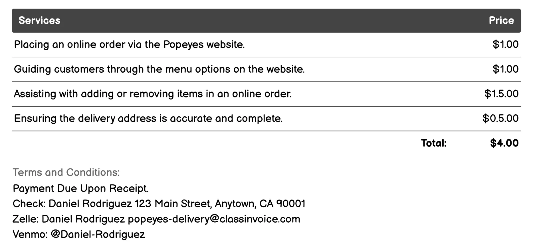 Online Ordering via Website Invoice Example