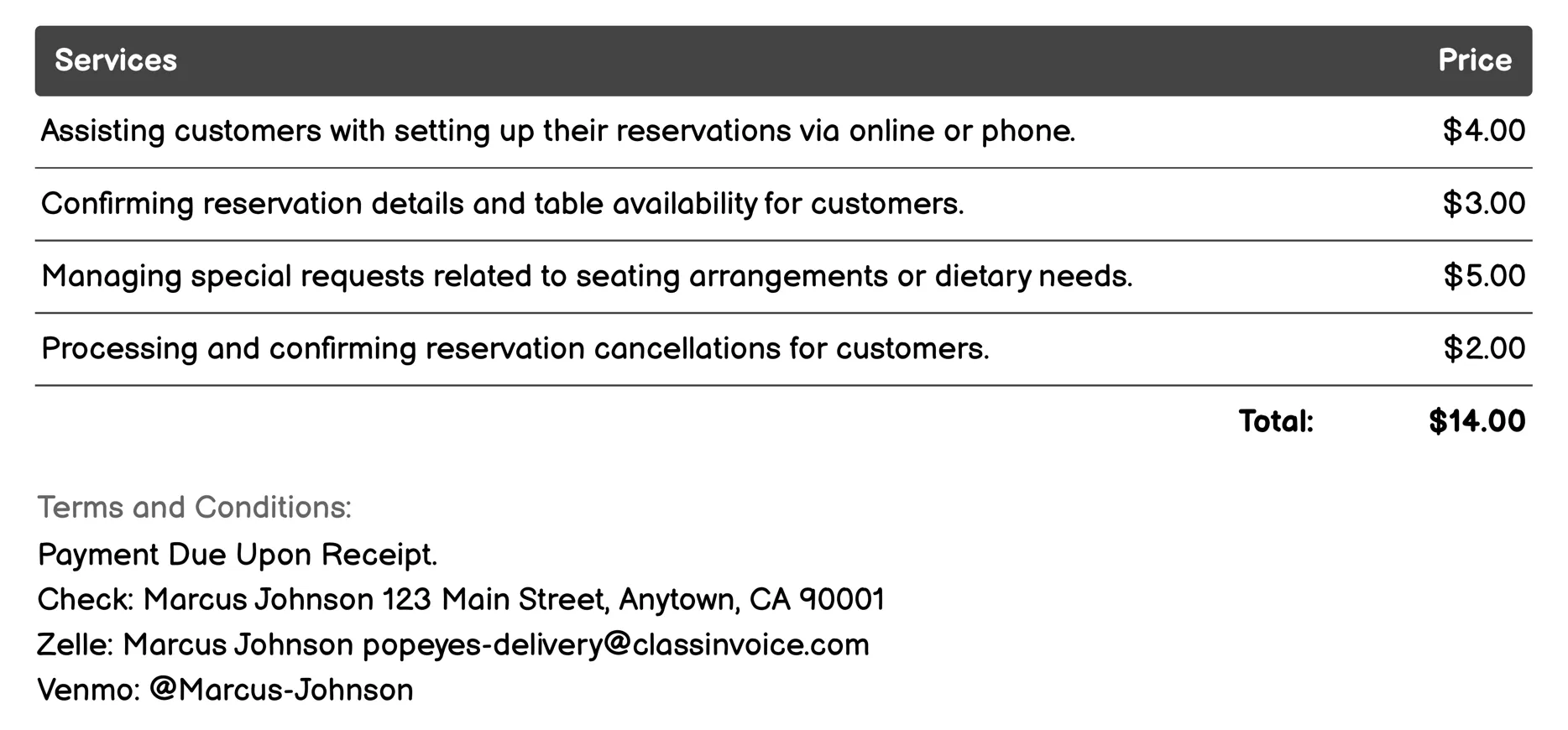 Reservations Invoice Example