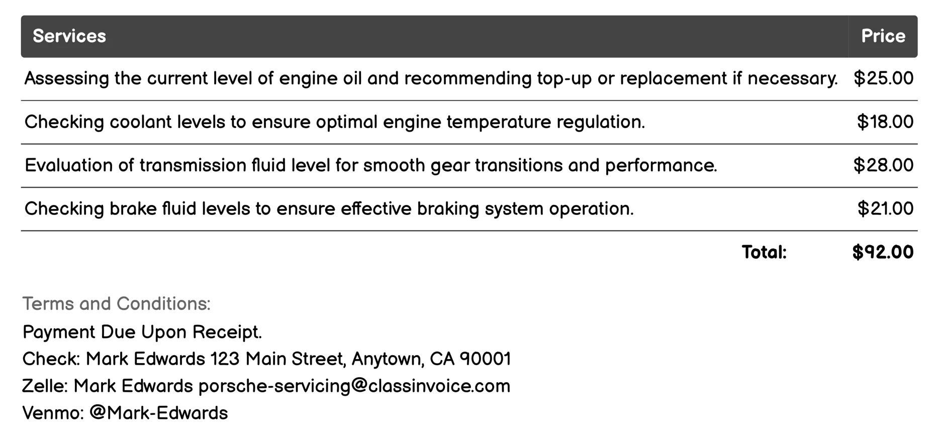 Fluid Level Checks Invoice Example