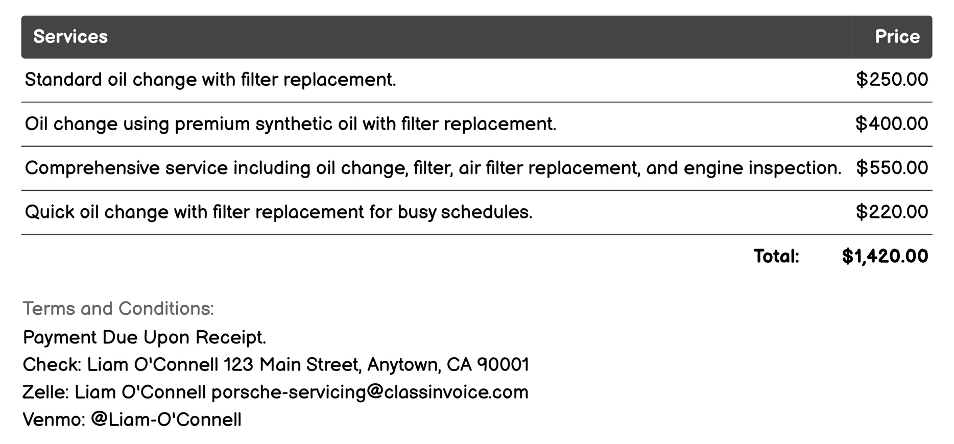 Oil and Filter Change Invoice Example