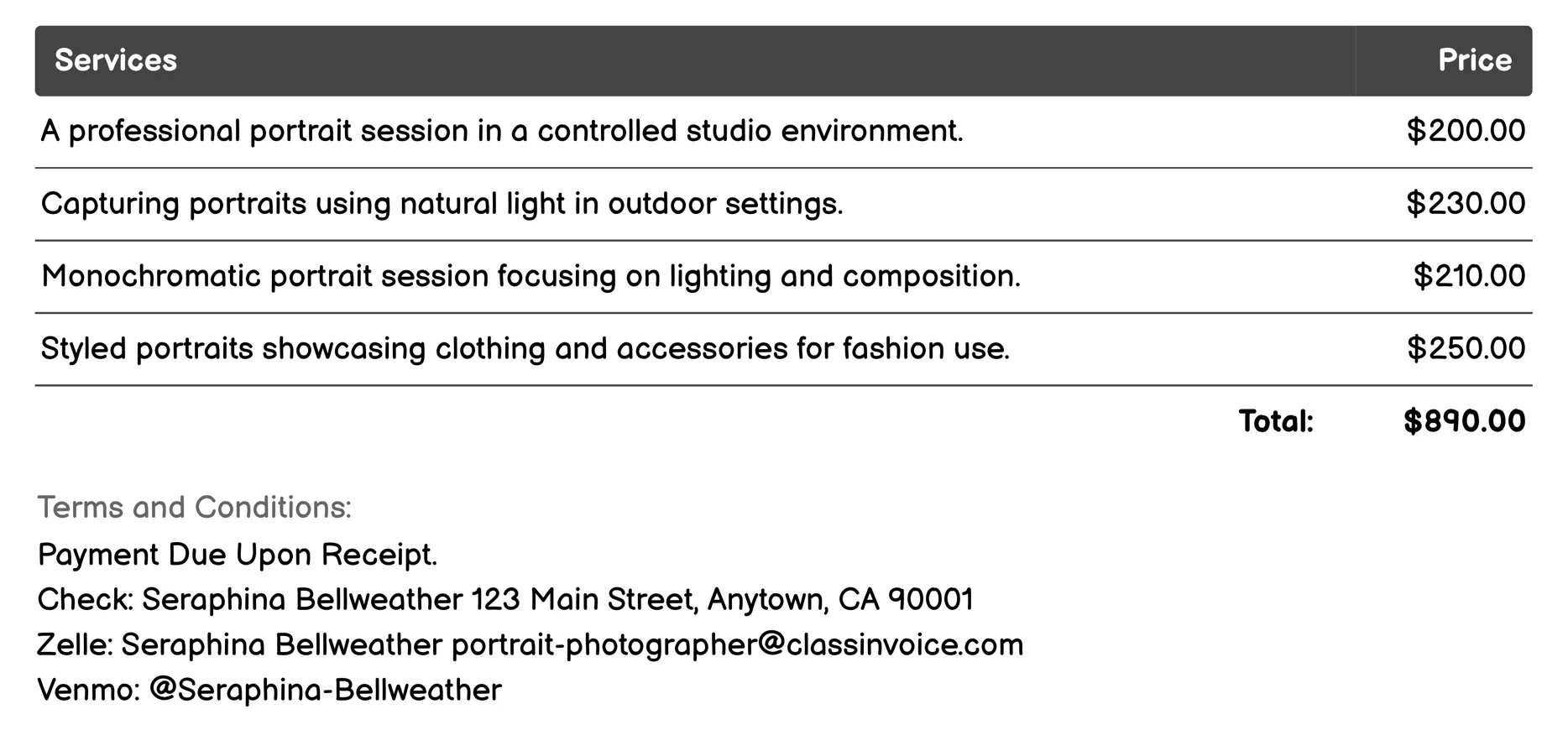 Artistic Portraits Invoice Example