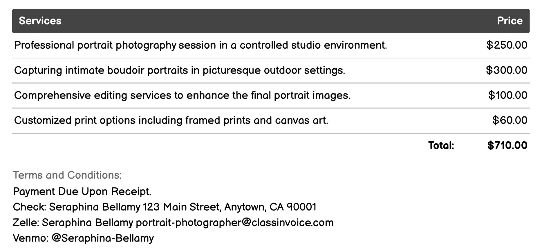 Boudoir Photography Invoice Example
