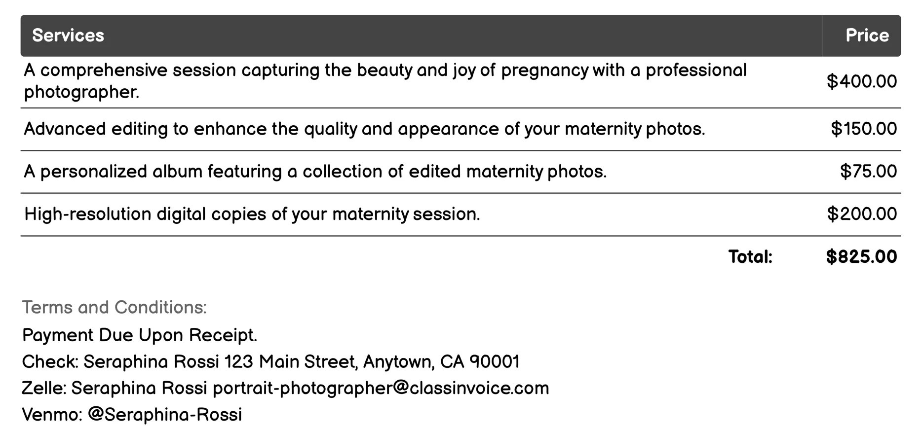 Maternity Photos Invoice Example